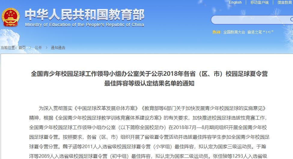 全国青少年校园足球工作领导小组办公室关于公示2018年各省（区、市）校园足球夏令营最佳阵容等级认定结果名单的通知